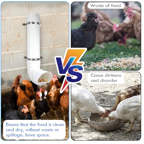 Kalakey Automatic Chicken Feeder, Hanging PVC Tube Chicken Coop Feeder with Chew Toy Bell, Holds 6lbs Feed for Hens Chicks, Grit and Oyster Shell Feeder