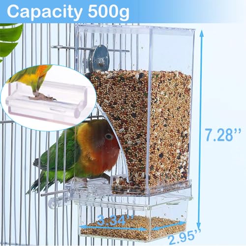 Bird Parrot Feeders, No Mess Automatic Cage Feeder Dispenser Food Container, Auto Bird Seed Bowl for Small Medium Birds, Cockatiel Canary Cockatoos Parakeet Conure Lovebird, Acrylic Clear (Feeder)