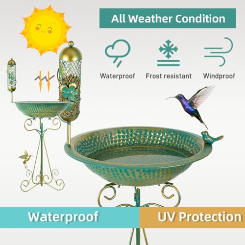 dreamysoul Bird Bath 13" Dia Bowl, Metal Birdbath with Mesh Feeder, Pedestal Bird Baths for Outside Outdoors Garden Patio Yard