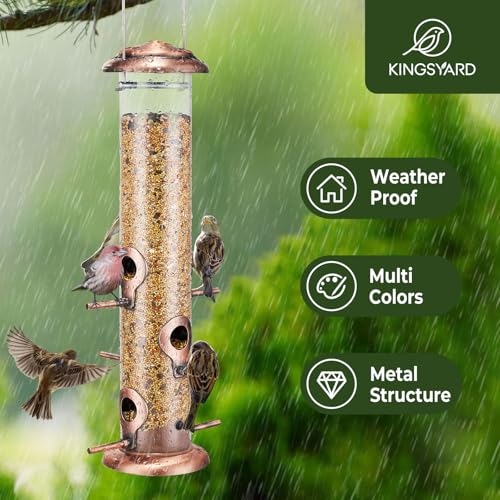 Kingsyard Metal Tube Bird Feeders for Outdoors Hanging | 6-Port with 360° Feeding, No-Spill Design, 2 lb Seed Capacity, Attracts Finches & Songbirds, Garden & Backyard Decor, Copper - color: Antique Copper