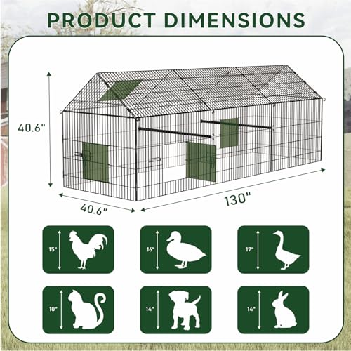 STILLCOVE Large Chicken Coop Run Outdoor: 130" × 40" Duck Pen with Cover | Rust-Resistant Design, Metal Poultry Cage Pet Playpen for Rabbit, Bunny, Cat, Kitten, Dog, Doggy, Duck, Hen, Quail, Goose
