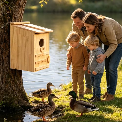 Extra-Large Wood Duck House - Handcrafted Natural Solid Wood Nesting Box for Wood Ducks & Mergansers, Easy Pole Mounting Kit for Pond, Wetland & Backyard