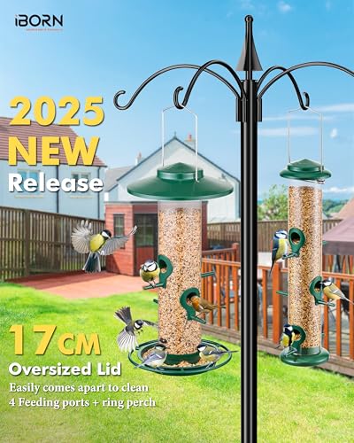iBorn Bird Feeders for Outdoors, 1.5LB Metal Bird Feeders 17cm Large Roof &Tray, 4 Feeding Ports, Green Finish - color: Green, 2LB, 4 Ports