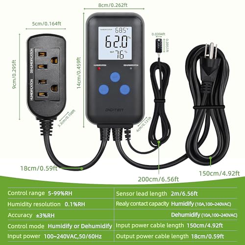 DIGITEN Humidity Controller with Temperature Display for Reptile, Mushroom | Pre-Wired Digital Humidistat, Dual-Stage Outlet Humidifier/Dehumidifier for Grow Tent/Greenhouse, LCD Display, Plug & Play