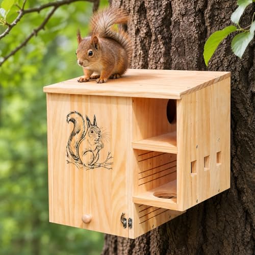 Extra Large Squirrel House for Outside, Wooden Squirrel Nesting Box | Solid Pine Den Box, Predator Guard & Easy-Clean Front Door, Enhanced Protection, Backyard Habitat Shelter for Outdoor Winter - size: Extra Large