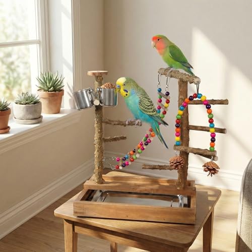 Wooden Bird Play Stand Parrots Playground Perch Stand with Bird Ladder Chewing Toys and 2 Stainless Steel Cups (Brown) - color: Brown