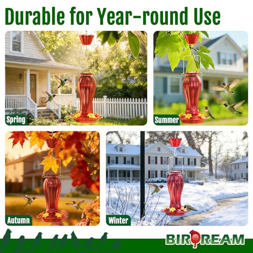 Birdream Glass Hummingbird Feeders, 18oz Large Capacity, Red | 5 Feeding Ports, Built-in Ant Moat, For Outdoors Hanging, Decorative for Garden Patio Backyard - color: Red