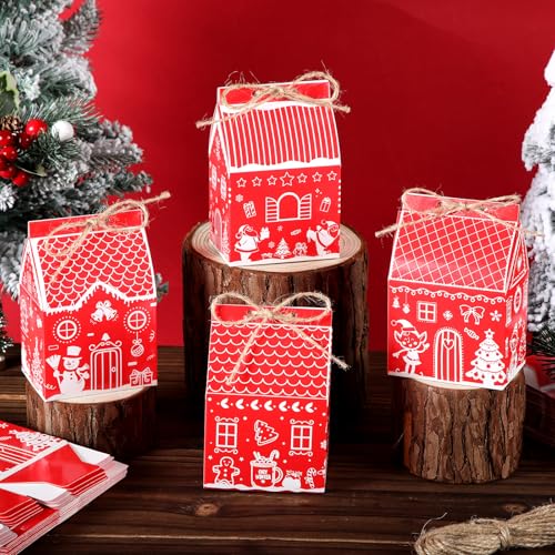 Zhanmai 48 Pcs Christmas Treat Boxes Candy Red Village Vintage Mini Gingerbread House Favor Box Christmas Party Paperboard Gift Boxes for Xmas Holiday Party Treat Cookie Goodie Snack Gift Packaging - style: Red Christmas