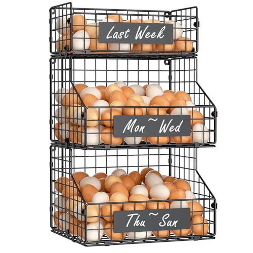 Egg Holder Countertop with DIY Nameplate, Egg Collecting Basket | 3 Tier Stackable Wire Baskets for Gathering Fresh Eggs, Large Egg Rack for Countertop/Wall-Mounted, Medium (Patent Pending) - color: Black, size: 3-Tier Large