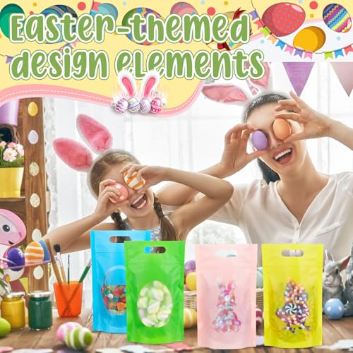 TaoBary 100 Pcs Pastel Plastic Treat Bags with Windows Sealing Resealable Bags with Handle Bunny Egg Goodie Gift Pouch Stand up Candy Bag for Spring Summer Party Gift Wrapping Supplies - color: Pink, Blue, Green, Yellow, style: Pastel