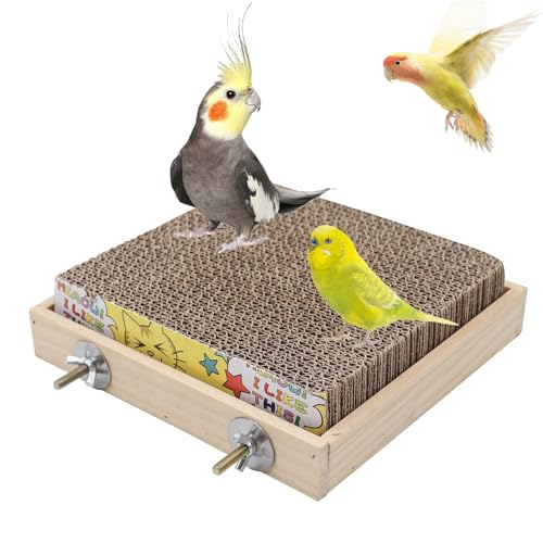 Bird Perch Stand Platform with Cardboard Toys, Parrot Chewing Toys, Parakeets Foraging Toys, Bird Paw Grinding Perch, Cage Accessry for Small Birds Parakeets Conure Cockatiels Lovebird