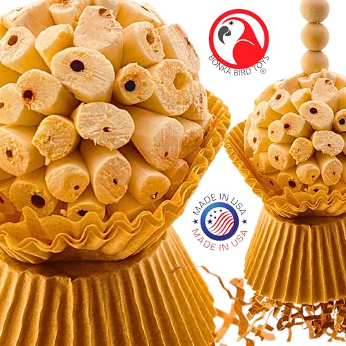 Bonka Bird Toys 1925N Natural Cake Bird Toy – 7" Tall, Lightweight, Bird-Safe Sola Plant Ball Core with Shreddable Cupcake Cups & Wooden Beads – Ideal for Finches, Parakeets, Lovebirds & Small Birds