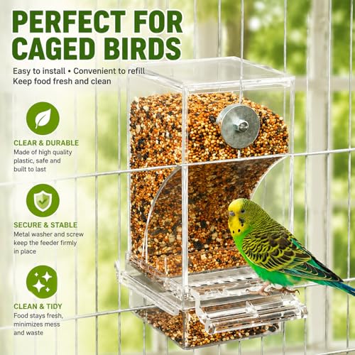 Rypet No-Mess Automatic Bird Feeder, Parakeet Cage Accessories | Transparent Acrylic Food Level Check, Helps Reduce Seed Scatter, for Small Birds Cockatiel Parrot Canary - color: Transparent