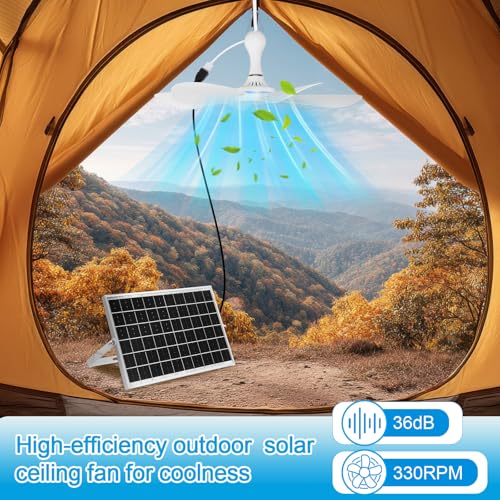 Tujoe Solar Ceiling Fan for Outdoor, 15w USB Portable Ceiling Hanging Fan, Dual Charging Modes & Solar Panel Powered for Chicken Coop, Tent, Greenhouse, Shed, Gazebo