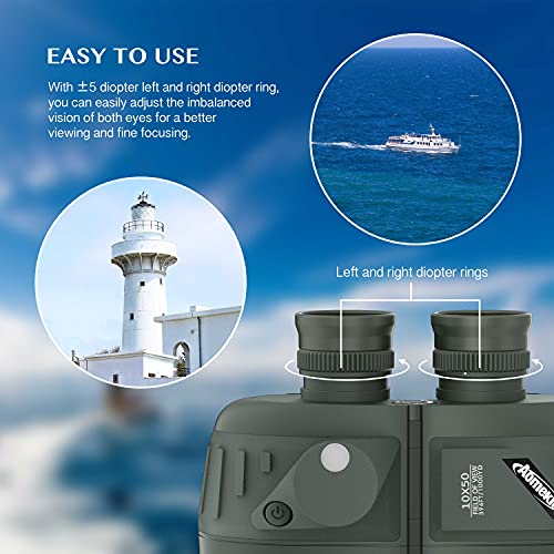 AOMEKIE 10x50 Waterproof Marine Binoculars for Adults with Rangefinder Compass BAK4 Prism FMC Lens for Birdwatching Hunting Boating Fishing Water Sports(Green) - color: Green