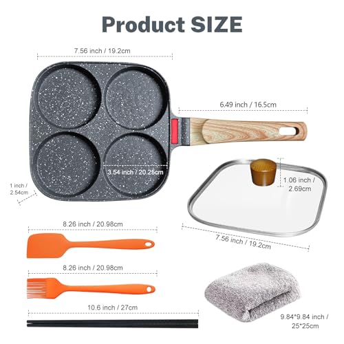 4‑Cup Nonstick Egg Pan Set with Lid – Aluminum Omelette Skillet for Breakfast, Includes Silicone Scraper, Oil Brush, Chopsticks & Cleaning Cloth – Compatible with Gas & Induction Cooktops (Black) - color: Black