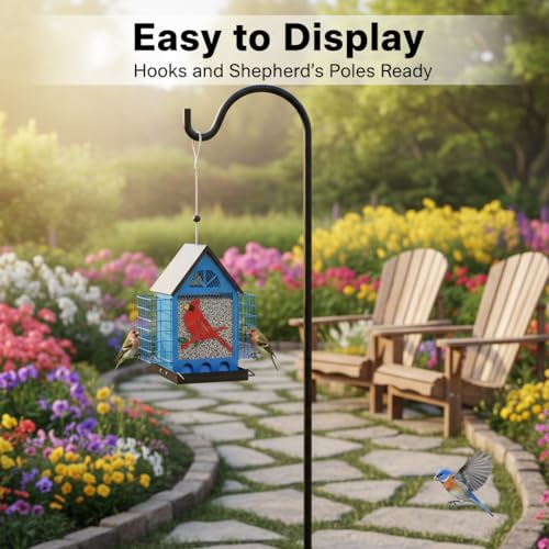 Blue House Metal Bird Feeder - 20" Hanging Wild Bird Feeder with Decorative Accents, Large Capacity Outdoor Birdfeeder for Cardinals and Songbirds, Perfect Garden Gift
