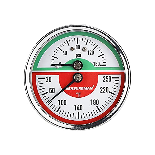 MEASUREMAN Tridicator, Thermo-Manometer Pressure Gauge, 2-1/2", 0-160psi/30-250 deg F, Black Iron Case, 1/4" NPT Back Mount - size: Back Mount-Dry