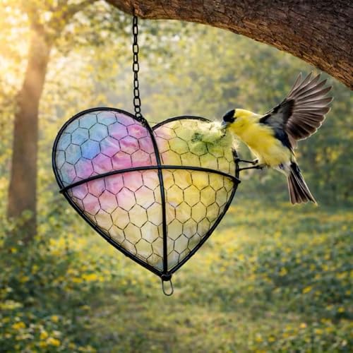 Handmade Alpaca Fiber Bird Nesting Heart,Hummingbird Houses Art Bird nest Box &Wild Birds nest Material Holder Outdoor Garden,Gift for Bird Lovers(1PCS) - color: Pastel