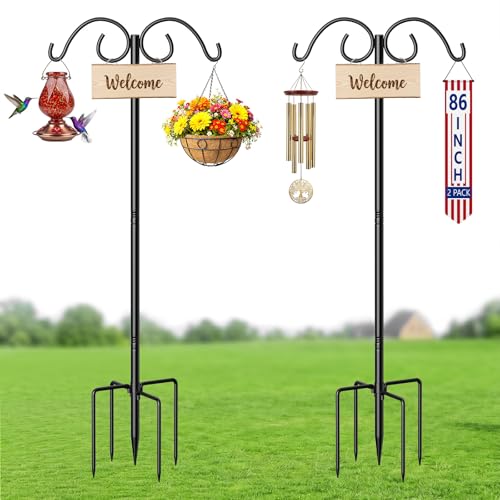 Shepherds Hooks for Outdoor Plant Hanger Hummingbird Feeders for Outdoors | Double Shepherds Hooks ,86 Inch Bird Feeder Pole, Thick Heavy Duty Bird Feeder Stand with 5-Prong Base,Solar Light,2 Pack - size: 86inch-2pack