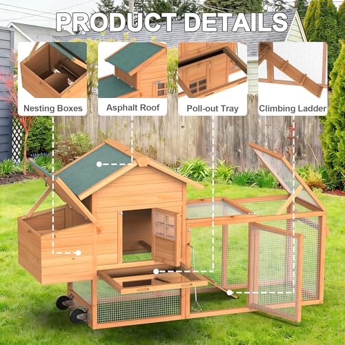 GOJOOASIS Portable Chicken Coop with Wheels & Handrail, Weatherproof Wooden Hen House, Removable Tray & Nesting Box, Ideal for Chickens, Ducks, Rabbits & Small Animals (80" Asphalt Top with Wheel)