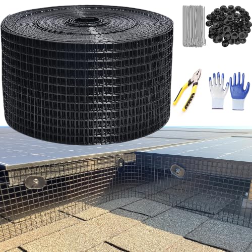 Critter Guard for Solar Panels, 8 in x 100 ft Solar Panel Bird Guard Mesh | 1/2 in PVC-coated solar mesh kit with 120 fasteners, scissors and gloves; black pigeon guard for solar panels. - size: 1/2inch x 8in X 100ft