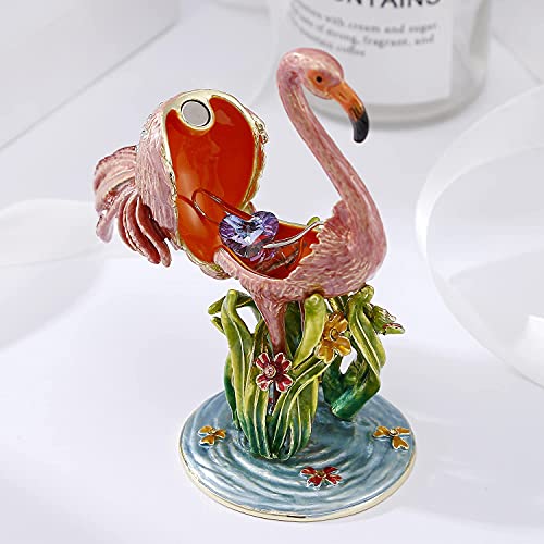 Hand Painted Enamel Flamingo Trinket Box, Hinged Unique Mini Ring Necklace Jewelry Organizer, Classical Bejeweled Storage, Figurine Collectible Keepsake Home Decor (Flamingo) - color: Flamingo