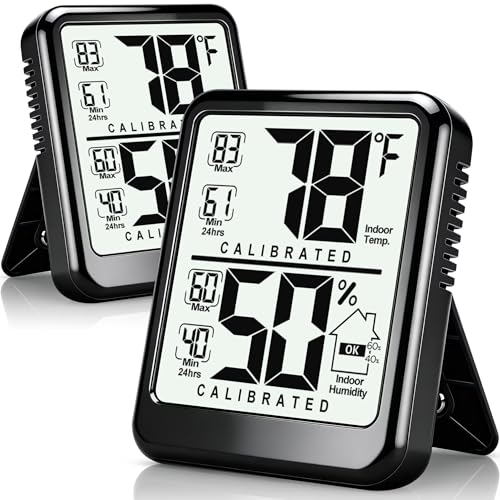2 Pack Room Thermometer Indoor Hygrometer with Max/Min Record | W/ Battery, 24h Max/Min Record, Accurate Sensor, Fast Refresh, Easy to View, ℉/℃, Durable Kickstand, Compact, for Home Office - color: Black ( new version)