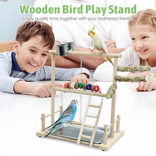 kathson Bird Play Stand Parrot Perch Stand Natural Wood Bird Playground Playstand for Cockatiel Conures Parakeet Parrots Budgie Lovebird Finch Small Birds