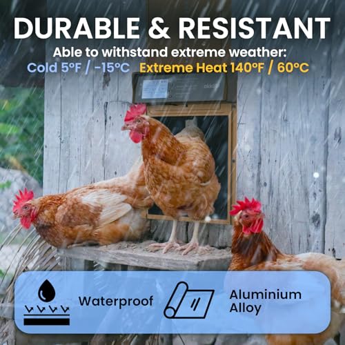 Okkobi Automatic Chicken Coop Door Solar Powered - Poultry Coop Door with Remote Control, Timer & Light Sensor - LCD Display - Anti-Pinch Function - 5-Year Protection - Brown | Weatherproof aluminium with anti-pinch protection, timer function and battery
