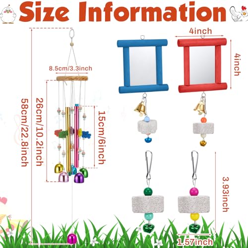 VioraWhite 7 Pcs Chicken Toys, Hanging Chicken Wind Chime, 2 Pcs Coop Mirror Toys with Bells 4 Pack Beak Grinding Stones, Musical Coop Accessories for Hen Rooster Chick Poultry Bird(Rose Red, Blue) - color: Rose Red, Blue