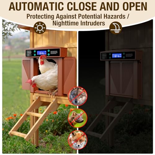 Automatic Chicken Door Easy Program 3 Modes - Manual, Timer and Light Sensor Anti-Pinch Auto Opening and Closing Chicken Coop Door Powered by Battery/DC(Brown)