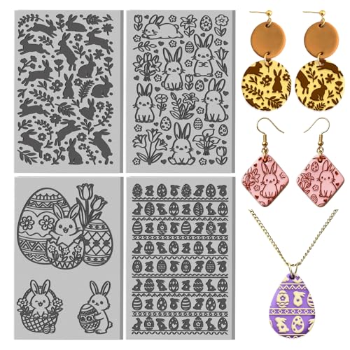 CHGCRAFT 4 Sheets Easter Bunny Clay Texture Mat Easter Egg Pattern Polymer Clay Texture Sheets DIY Tools for Pottery Earring Jewelry Making Stamp Engraving Machines, 3.9x2.6inch - style: Easter Egg