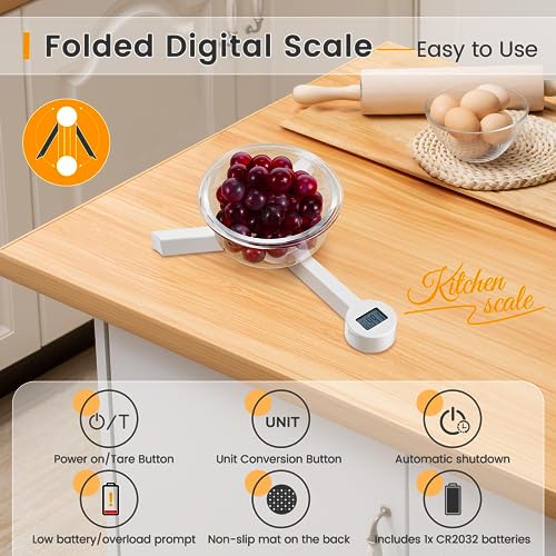 Folding Food Scale,Digital Kitchen Scale,Highly Accurate Compact Small Scale with LCD Display,Portable Food Scale Multiple Units Supported, Travel Scale for Measuring Intake of Healthy