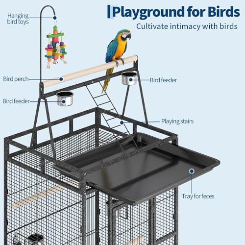 Extra Large 82" Parrot Cage with Play Top – Heavy Duty Wrought Iron Aviary, Rolling Stand, Secure Lock, Easy-Clean Removable Tray, Rope Perch – Spacious Bird Enclosure for Large Birds