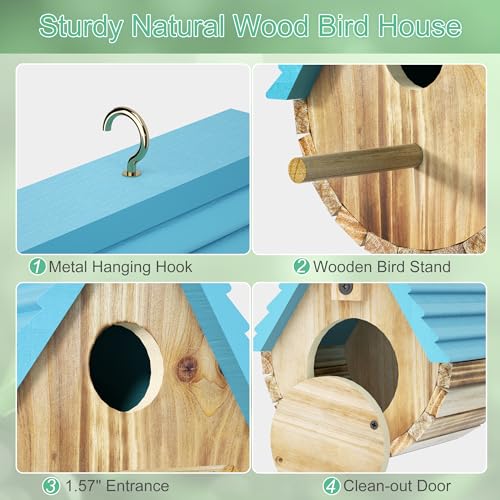 Auslar Bird Houses for Outside, Hanging Wooden Birdhouse for Outdoors, Blue | Bluebird House for Bluebirds Cardinals Finches Wrens Swallows, Bird Nesting Box with Perch & Hook, Garden Backyard Decor - style: Cylindrical