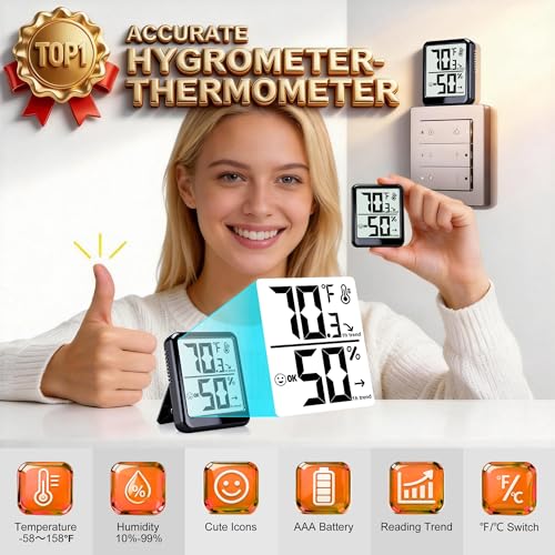 2 Pack Room Thermometer Indoor Hygrometer Digital Humidity Meter | Accurate Sensor, Fast Refresh, Big Digits, Easy to View, ℉/℃, w/ AAA Battery, Compact for Home, Office, Pet, Plant - color: Black - Upgraded Version, size: 2 - Pack
