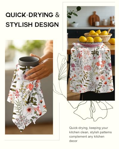 150GSM Flour Sack Kitchen Towels Set of 2, Flower Shrubs | 18"x26", Lightweight, Lint-Free, Pure Cotton, Decorative, with Hanging Loop, Absorbent, Softer after Wash, Giftable Package - color: Flower Shrubs