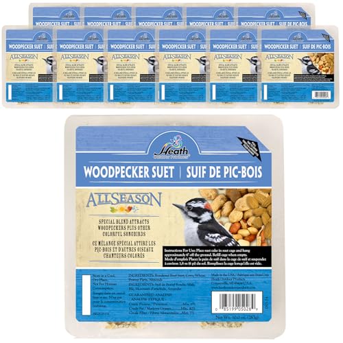 Heath Woodpecker Suet Cake, 5.2in, 10oz, 12 Pack - Blend Attracts Woodpeckers & Songbirds, No Melt - size: 10 Ounce (Pack of 12)