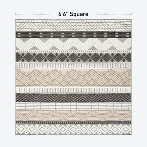 Rugshop Marbella Indoor/Outdoor Boho Patio Deck Square Rug Gray 6'6" x 6'6" | Square, Size 6'6" x 6'6", Porch, Balcony, Backyard, Garden, Poolside, Sunroom, Outdoor Living, Weatherproof, All Weather - color: Grey, size: 6'6" x 6'6" (Rectangular)