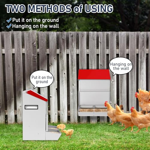 Automatic Chicken Feeder 25lb,Outdoor Galvanized Metal Poultry Feeder No Waste Rat Proof Feeder Trough with Lid Hanging Chicken Feeder Dispenser for Quails,Bantams, Ducks and Turkey