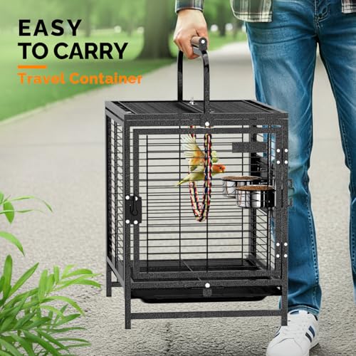 VINGLI Small Bird Cage, 19 inch Travel Carrier Bird Cage with Handle, Wrought Iron Parakeet Cage with Wooden Perch for Parrot Lovebirds Finches Small/Medium Birds (Hammertone Black) - color: Hammertone Black