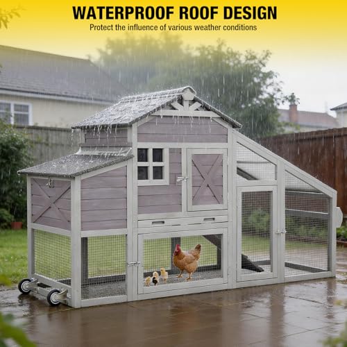 Chicken Coop Outdoor Wooden Poultry Cage with Waterproof Roof, Nesting Box, Pull Out Tray, Mobile Hen House for 2 4 Chickens, Large Chicken Tractor with Wheels (Grey) - color: Grey, size: 73.4"L x 24.2"W x 43.2"H