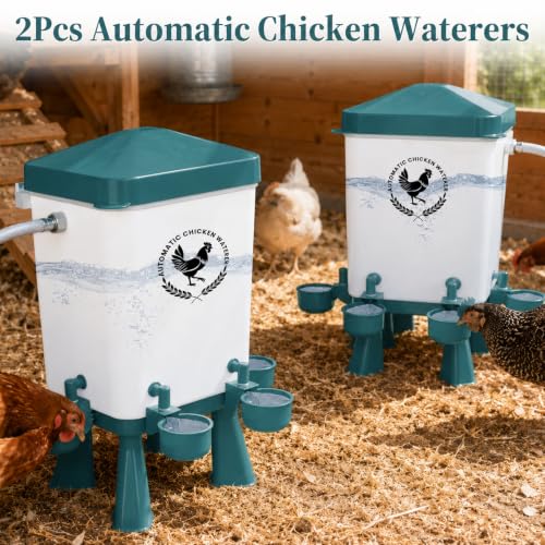 2 Pack 3 Gallon Automatic Chicken Waterer with Float Valve, Poultry Waterer with 10 Chicken Water Cups, 5 FT Water Pipe, Chicken Water Feeder for Coop, Ducks, Hens, Farm, Backyard(Blue) - color: Blue, size: Auto-2pcs