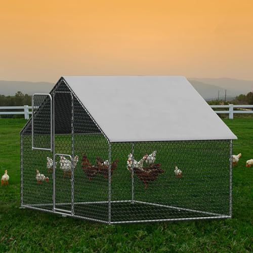 UDPATIO Metal Chicken Coop Walk in Large Chick Run House Pen | Double Feed Door UV-Resistant Cover Galvanized Frame Outdoor Cage for Bird Duck Rabbit Hen 6-10 Silvery-metal 1PCS - size: 120.0"L x 72.0"W x 72.0"H