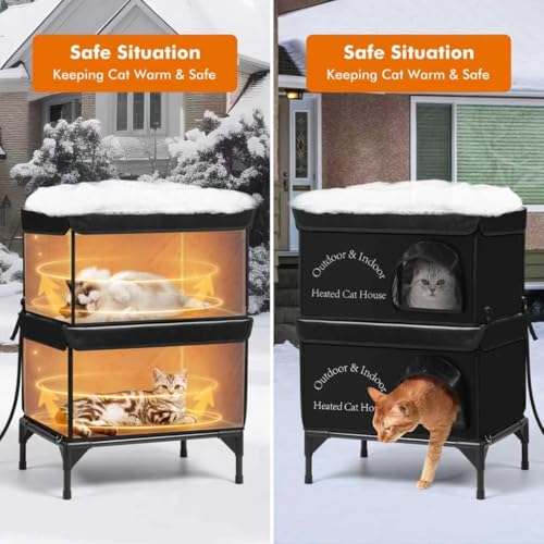2 Story Heated Cat House for Outside, 100% Waterproof, Safe Escape Door, Elevated Base, Weatherproof Insulated Shelter for Stray Feral Barn Cat - style: Black Cat House 03