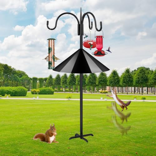 Heavy Duty Shepherds Hook Squirrel-Proof Bird Feeder Pole 92" Triple Hooks 5-Prong Base & 19" Baffle for Outdoor Feeders & Plants - color: w/ Squirrel Baffle, size: 92" Triple Hooks
