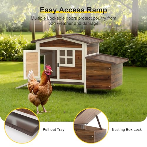 GOJOOASIS Chicken Coop for 2 Chickens Raised House with Ramp & Nesting Box | Outdoor Wooden Hen House for Small Animals, Backyard Chicken Hutch Poultry Cage, Waterproof Roof, Easy-Clean Tray, Brown - color: Brown