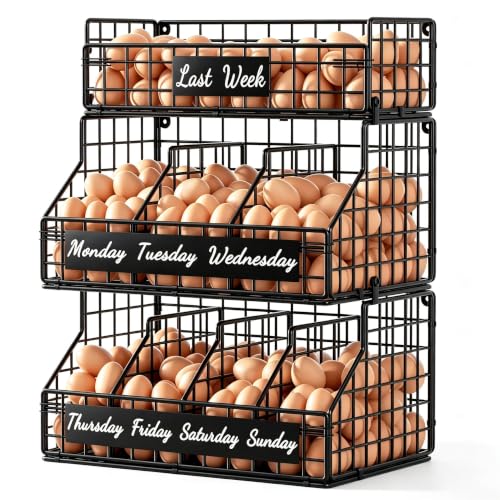 Egg Holder Countertop, 3 Tier Chicken Egg Basket for Gathering Fresh Eggs | Egg Storage Organizer with Adjustable 5 Dividers & Label, Stackable Wall Mounted Egg Collecting Basket Rack, Black - color: 3T Small Black