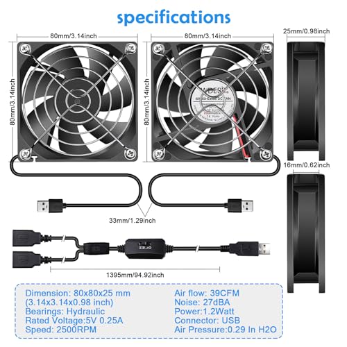Mini 80mm USB Computer PC Case Cooling 5V Powered Fan (Quiet), Cabinet Cooler Fan with Speed Controller（2 in1 Pack） - style: 2 in 1-8025-USB